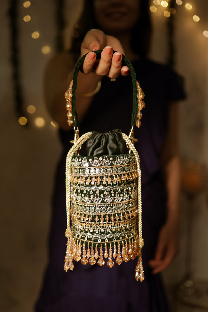 Zoya Emerald Green Bucket Potli – House Of Vian